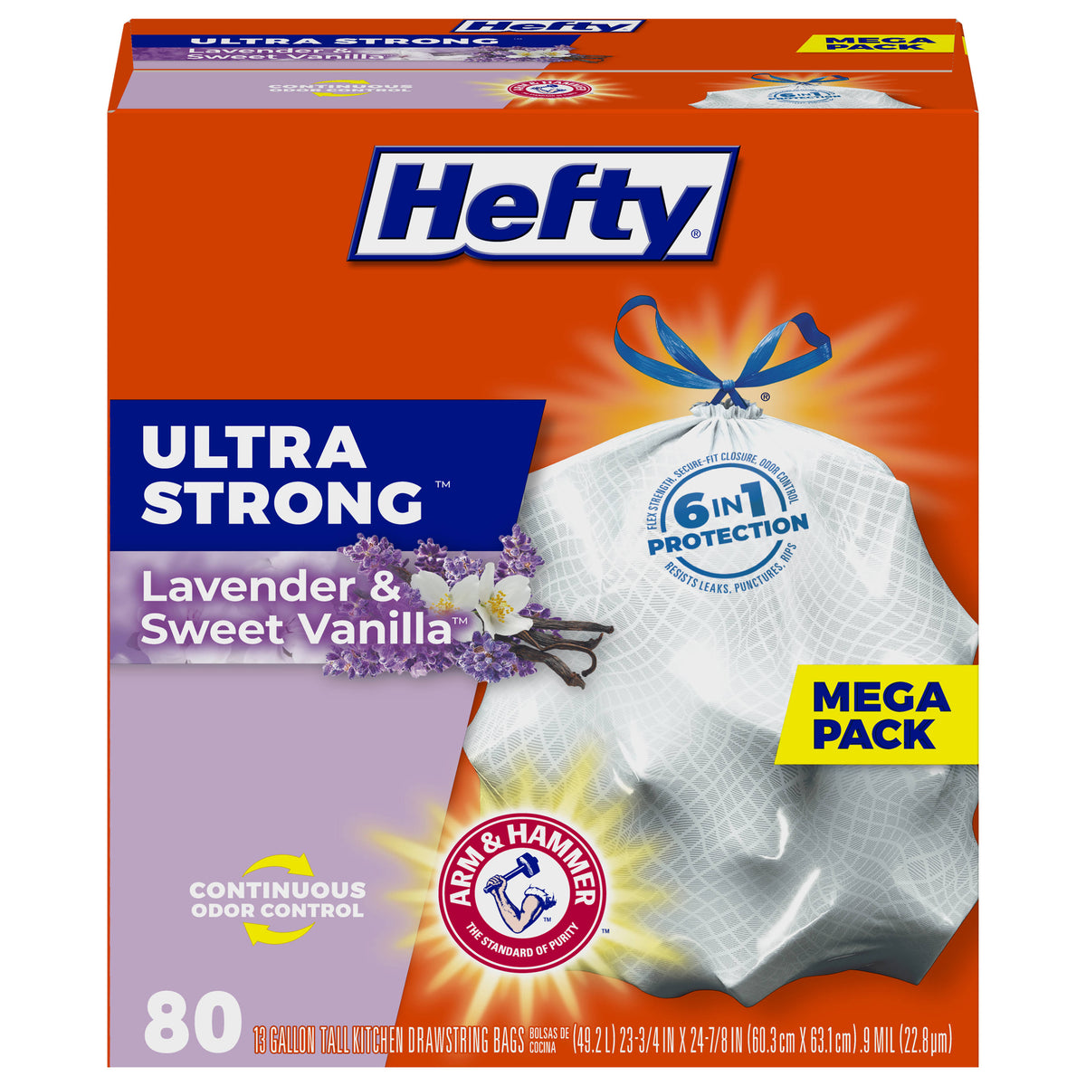 Hefty Ultra Strong Tall Kitchen Bags, Drawstring, Lavender & Sweet Vanilla, 13 Gallon, Mega Pack - 80 kitchen bags