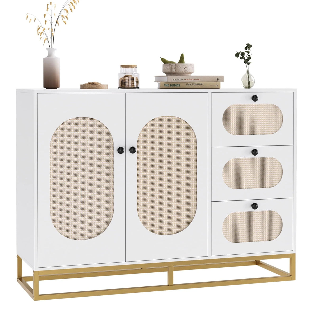 Homfa 3 Drawers Accent Storage Cabinet, 34.2"h Gold Buffet Sideboard with Rattan Doors for Living Room, White