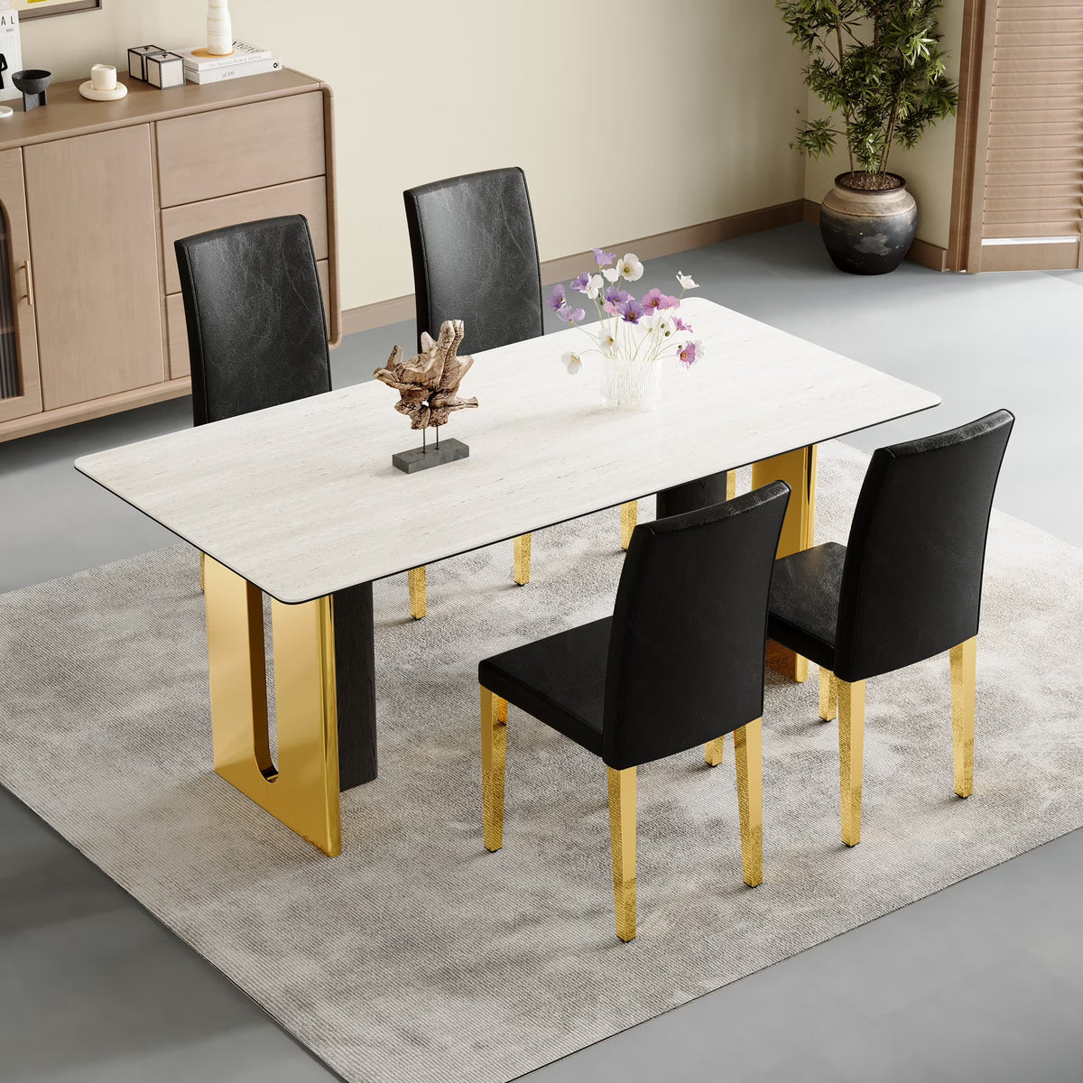 Set of 4 Black PU Leather Backrest Chairs with Gold Metal Legs - A Perfect Pairing, Ideal for Minimalist and Modern Home Decor Styles, with Product